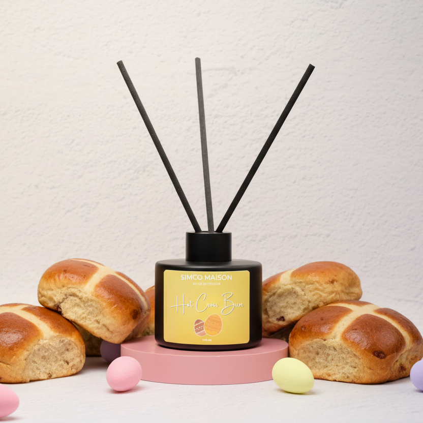 Diffuser with black reeds and a yellow label, surrounded by hot cross buns and pastel-colored eggs on a light background