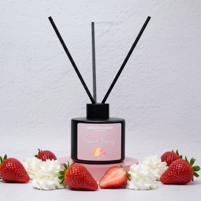 Diffuser with strawberry and flower decorations on a light gray background